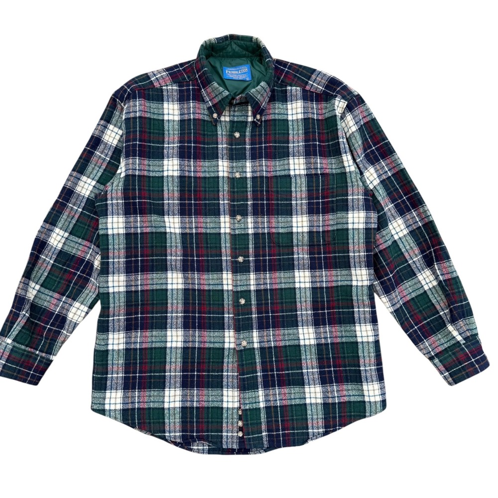 Pendleton Plaid Button Down Shirt Men's Long Sleeve 100% Virgin Wool Green Red M